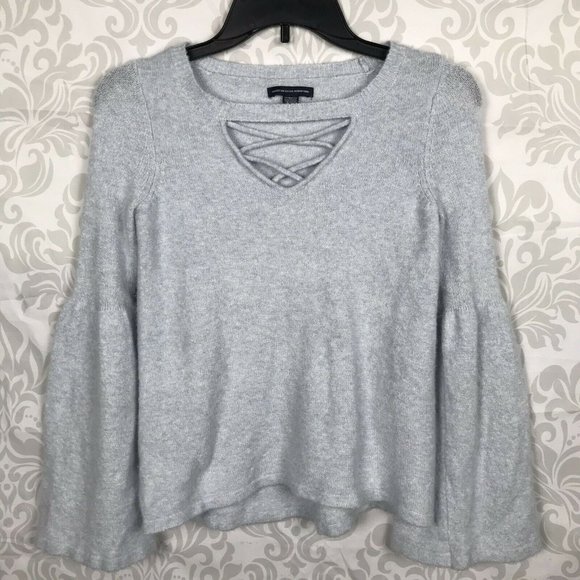 American Eagle Blue Lace Up Bell Sleeve Sweater - Picture 1 of 6